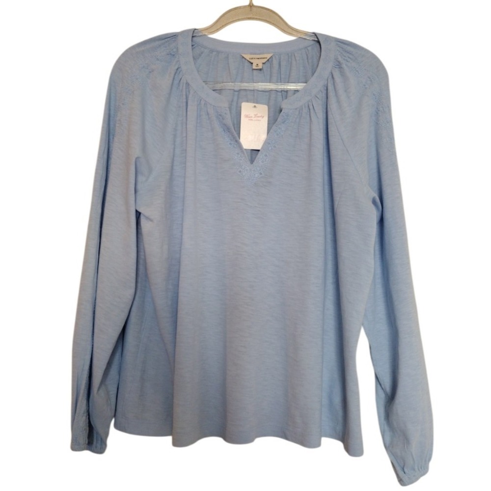 Lucky Brand Blouse Women L Blue V Neck Embroidered Relaxed Balloon Long Sleeve‎